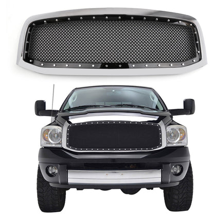 Dodge Ram 1500 2500 3500 2006-2008 Mesh Rivet Grill Replacement Front Hood Black / Chrome Grille