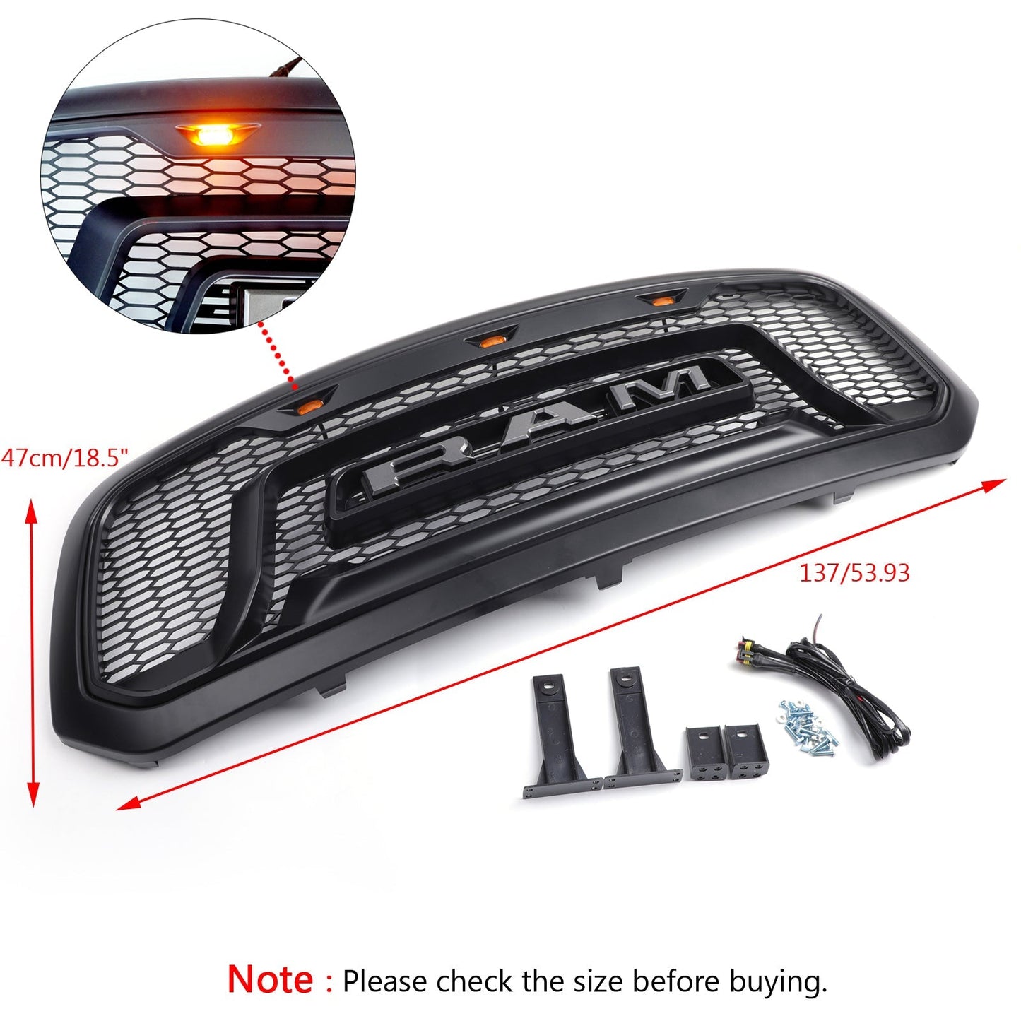 Dodge Ram 1500 2013-2018 Big Horn / Rebel Style Front Bumper Grill Black Replacement Grille W/ LED Light