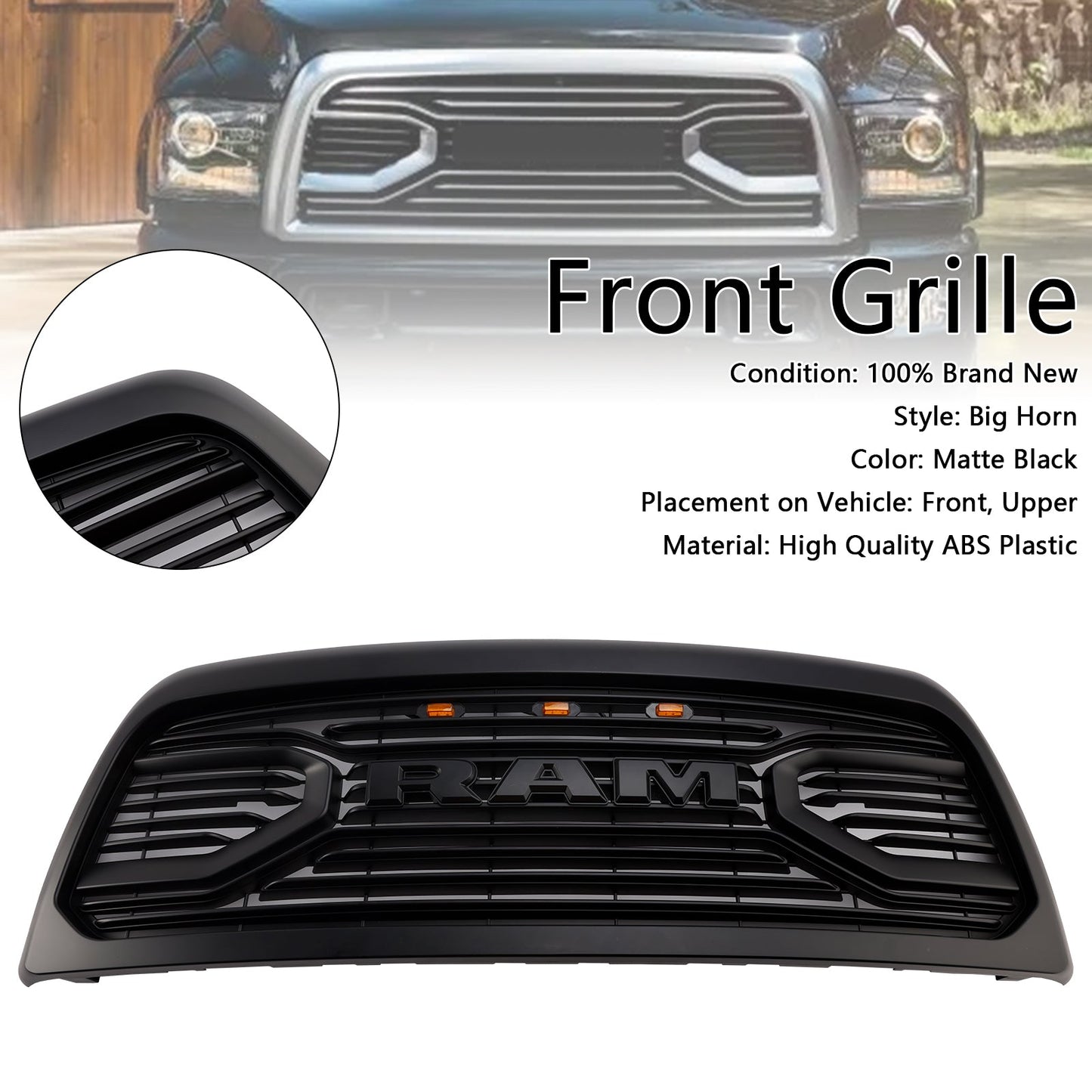 Dodgae Ram 2500/3500 2013-2018 Black Front Grill Upper Bumper Big-Horn Style Grille With LED Light