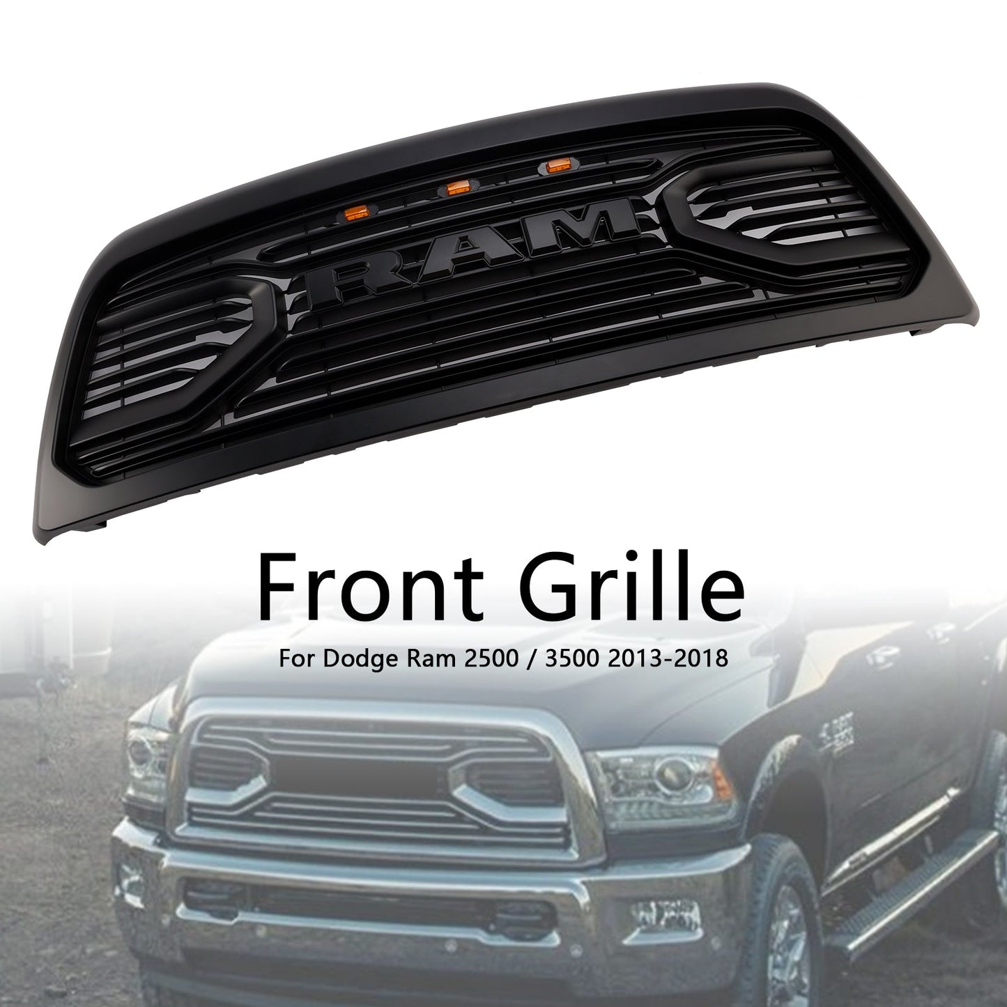 2013-2018 Dodgae Ram 2500/3500 Big-Horn Style Grill Front Bumper Matte Black Replacement Grille W/ LED Light