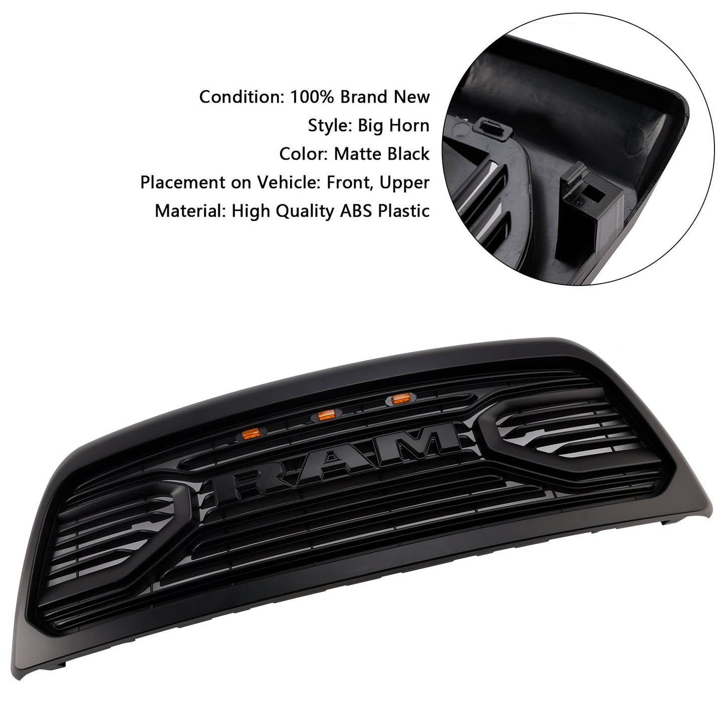 Big-Horn Style | Dodgae Ram 2500 3500 | Matt Black Grille | 2013-2018 | Air Intake Radiator Bumper Front Grill With LED