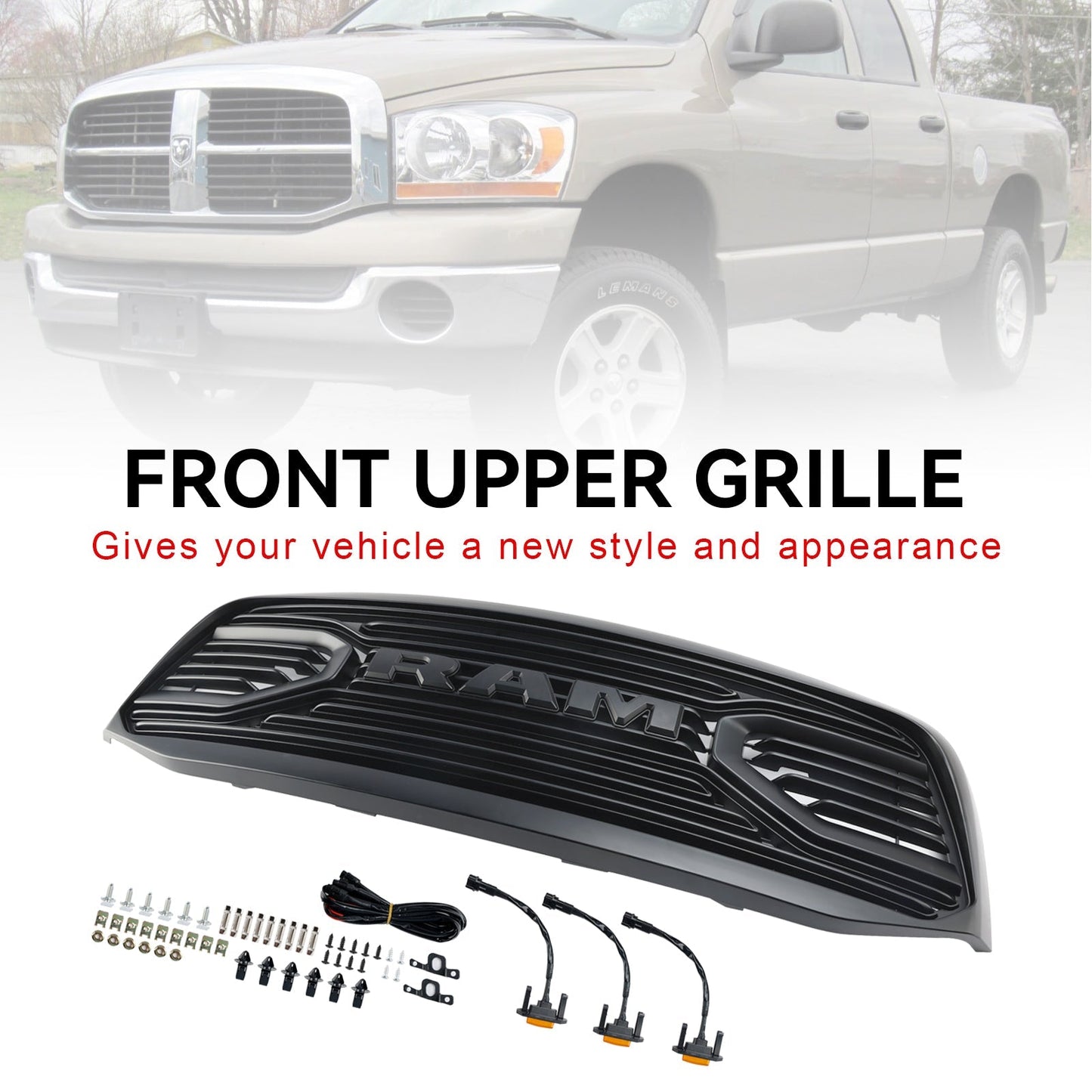 2006-2008 Dodge Ram 1500 2500 3500 Big Horn Black Grill Air Intake Radiator Bumper Front Grille W/ LED Light