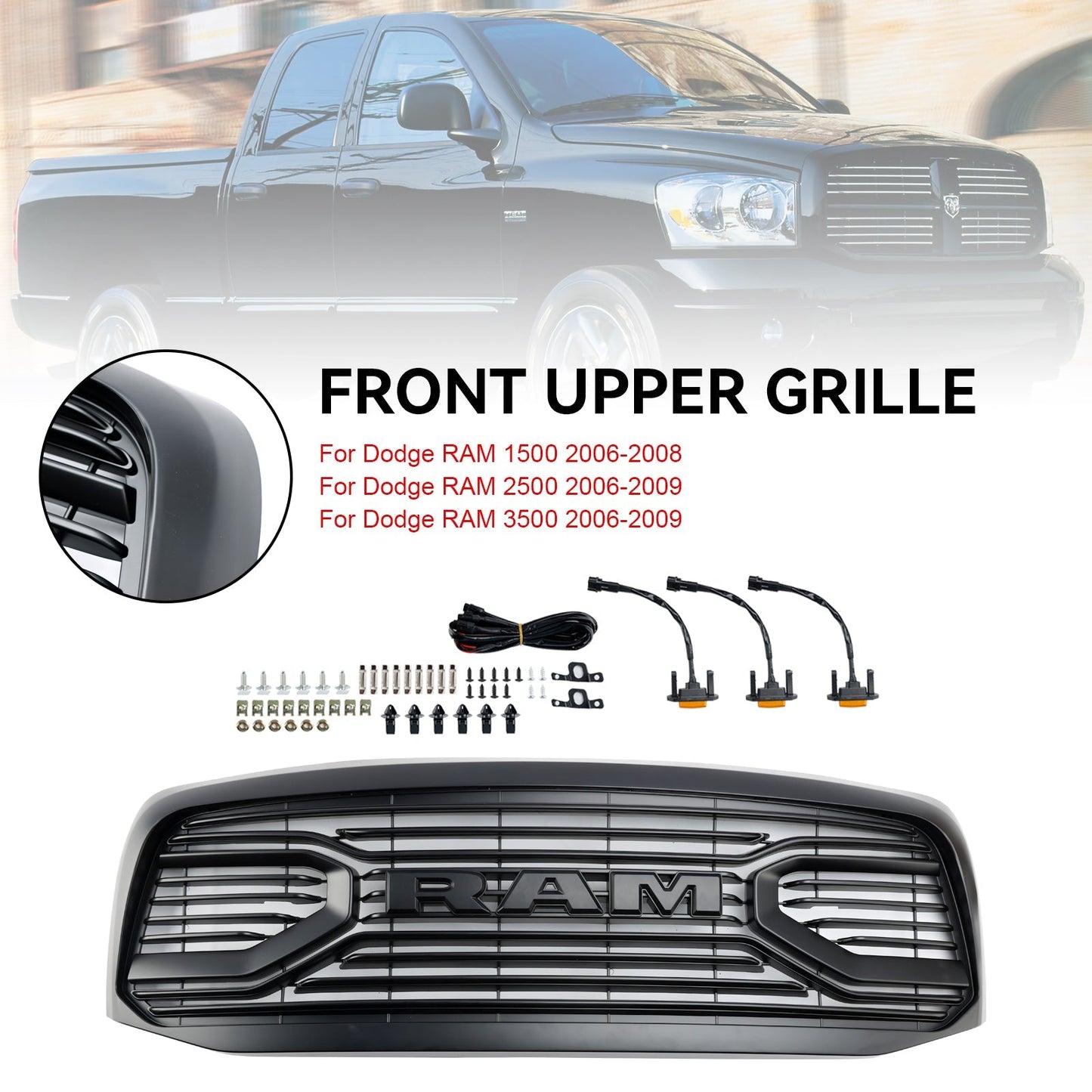 2006-2008 Dodge Ram 1500 2500 3500 Front Bumper Grill Big Horn Style Matt Black Replacement Grille
