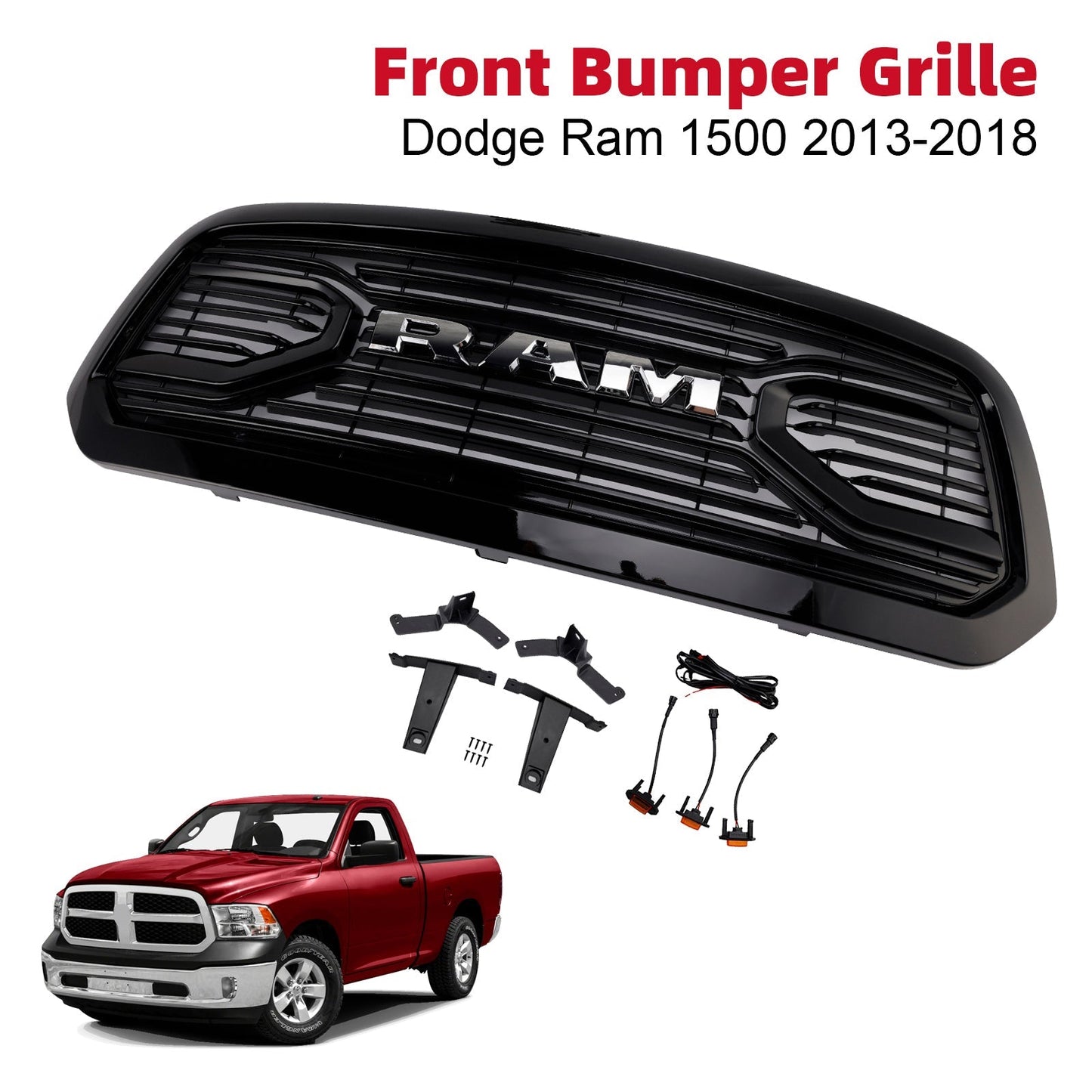2013-2018 Dodge Ram 1500 Black Big Horn Style Front Bumper Grill