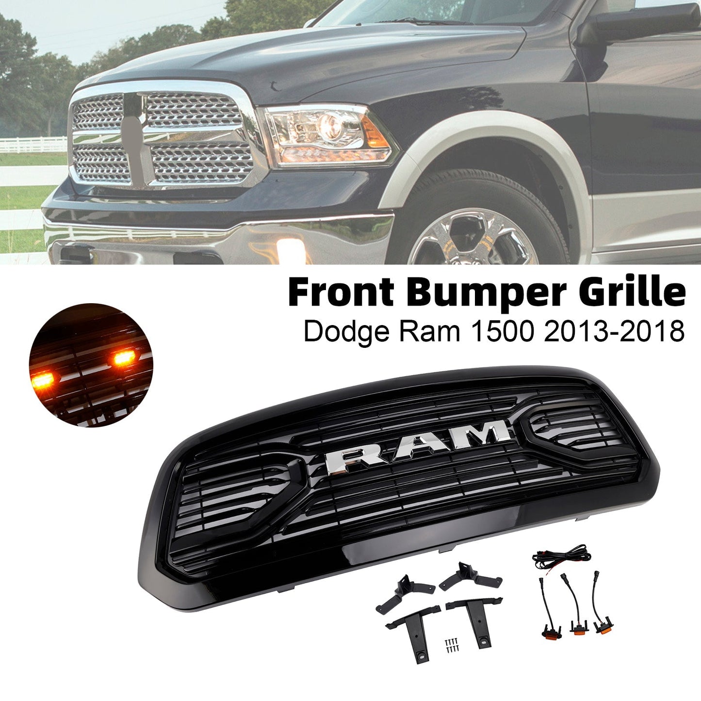 2013-2018 Ram 1500 Dodge Black Big Horn Style Front Bumper Grill