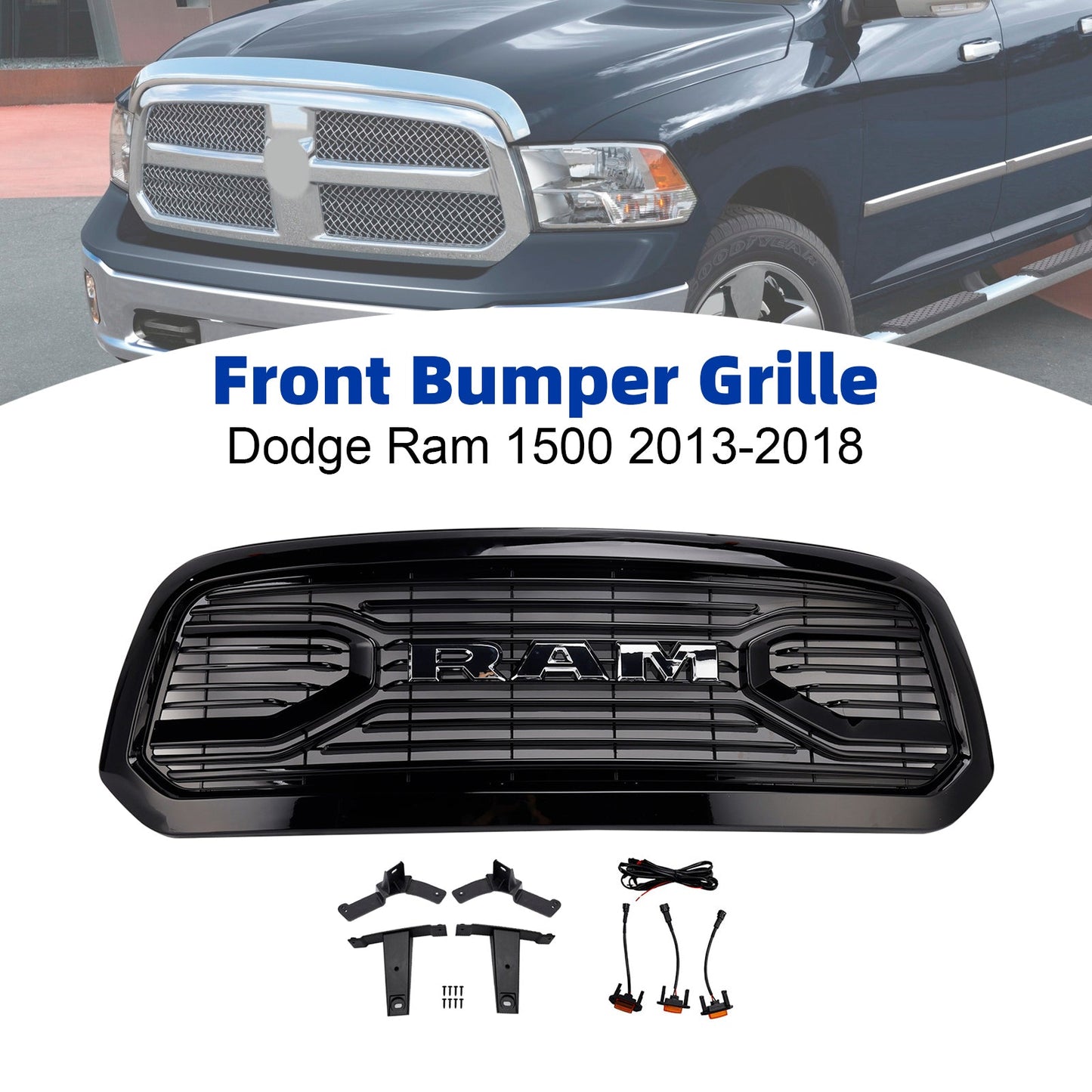 2013-2018 Dodge Ram 1500 Black Big Horn Style Front Bumper Grill