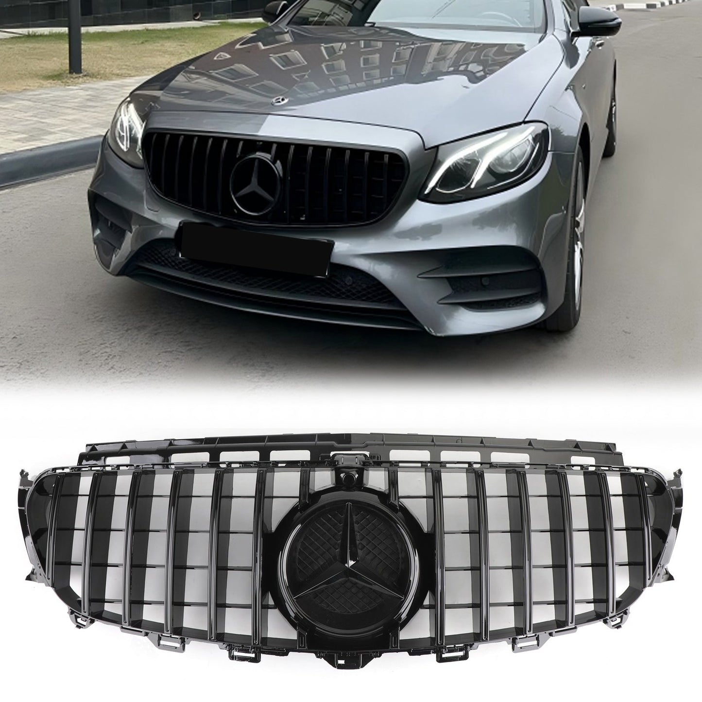 Mercedes Benz W213 E-Class 2016-2019 Front Bumper Grill GTR Style Glossy Black Grille W/ Star Emblem & AMG Emblem
