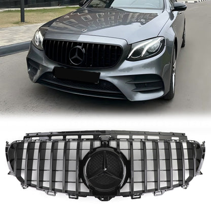 Mercedes Benz W213 E-Class 2016-2019 Front Bumper Grill GTR Style Glossy Black Grille W/ Star Emblem & AMG Emblem