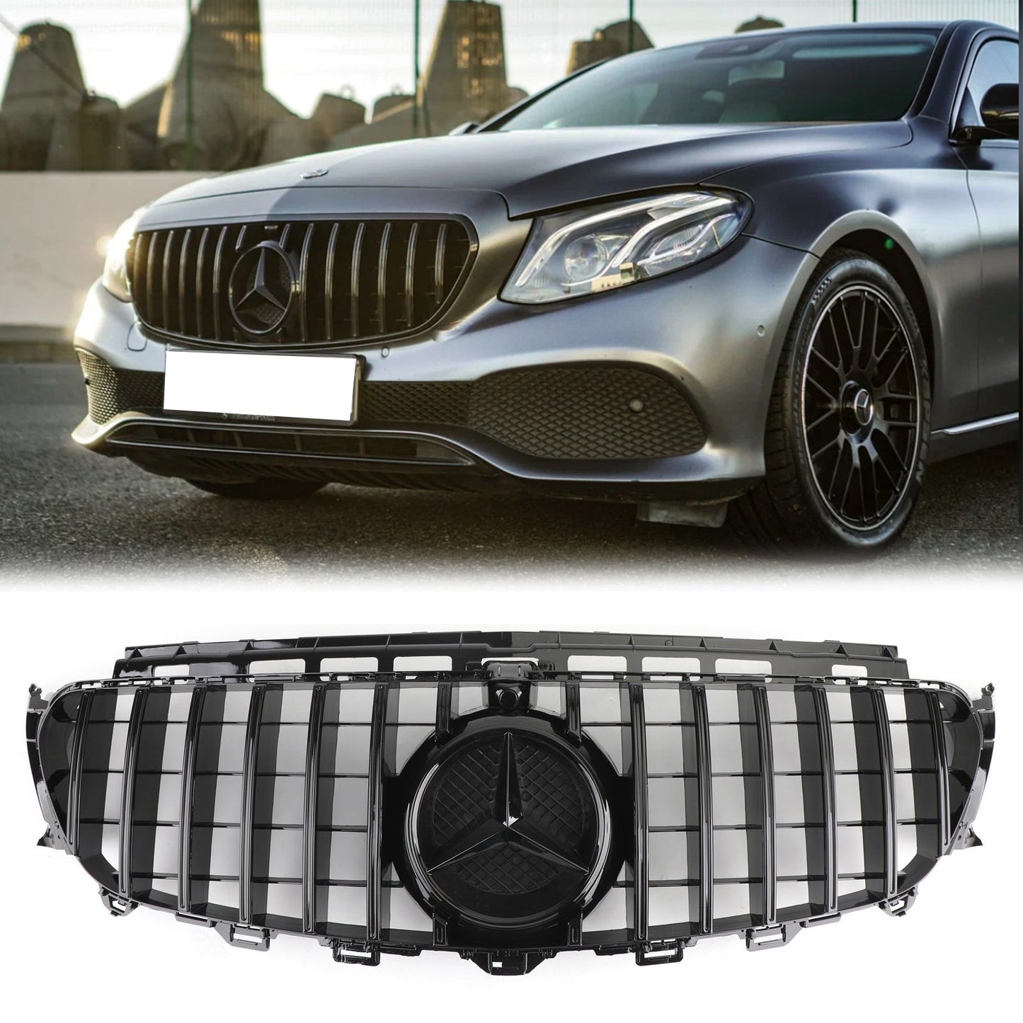 Mercedes Benz W213 E-Class 2016-2019 Front Bumper Grill GTR Style Glossy Black Grille W/ Star Emblem & AMG Emblem