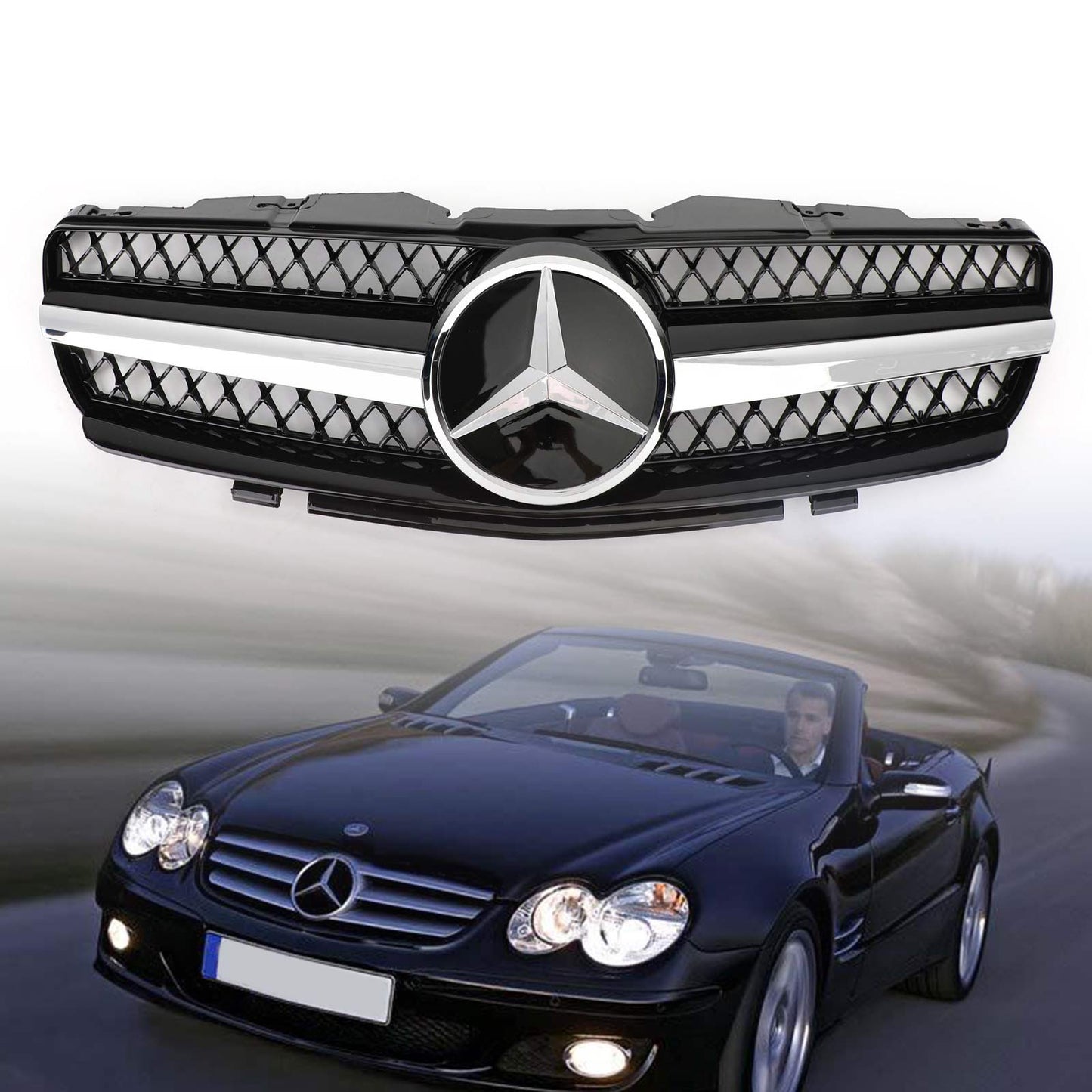 2002-2006 Mercedes Benz R230 SL Class SL350/500/600/SL55/65 1 Fin Star Grill black Chrome Grille