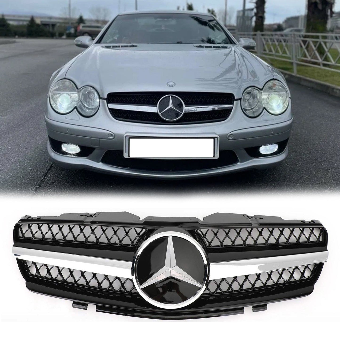 2002-2006 Mercedes Benz R230 SL Class SL350/500/600/SL55/65 1 Fin Star Grill black Chrome Grille