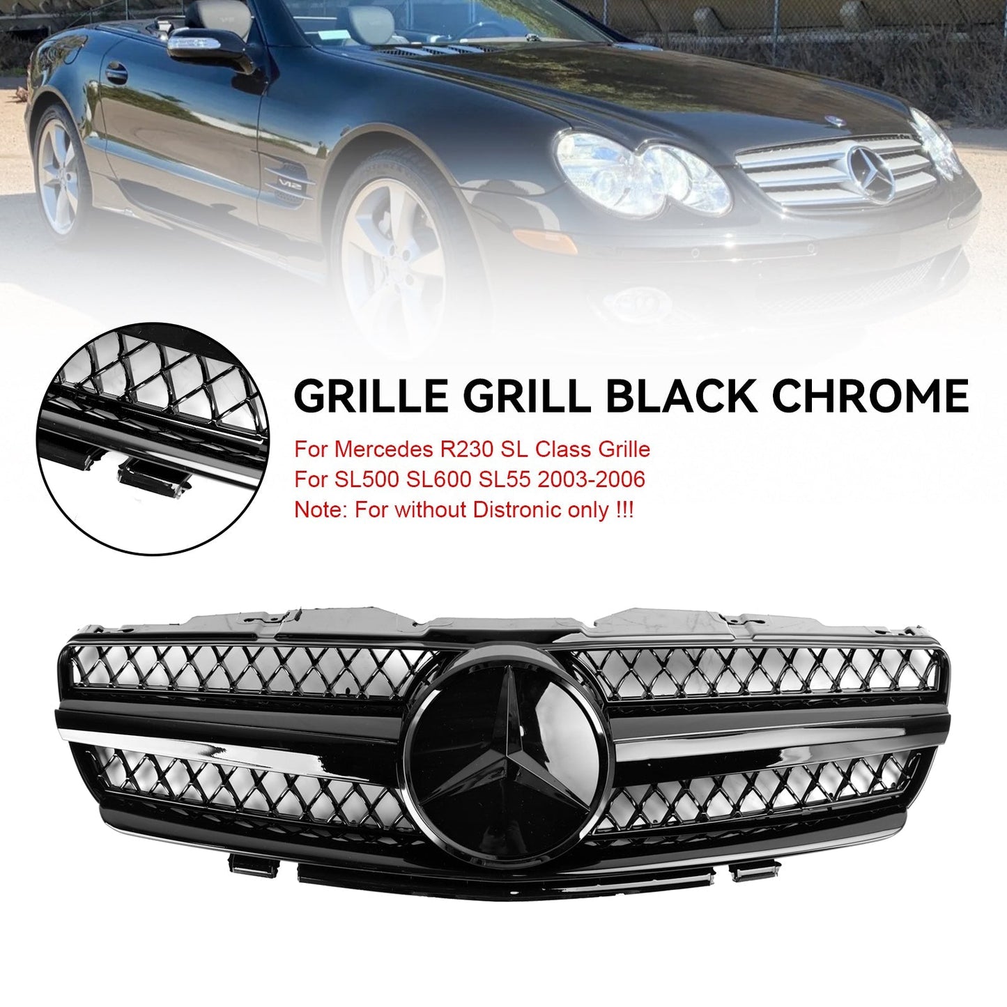 2002-2006 Mercedes Benz R230 SL Class SL350/500/600/SL55/65 1 Fin Star Grill black Chrome Grille