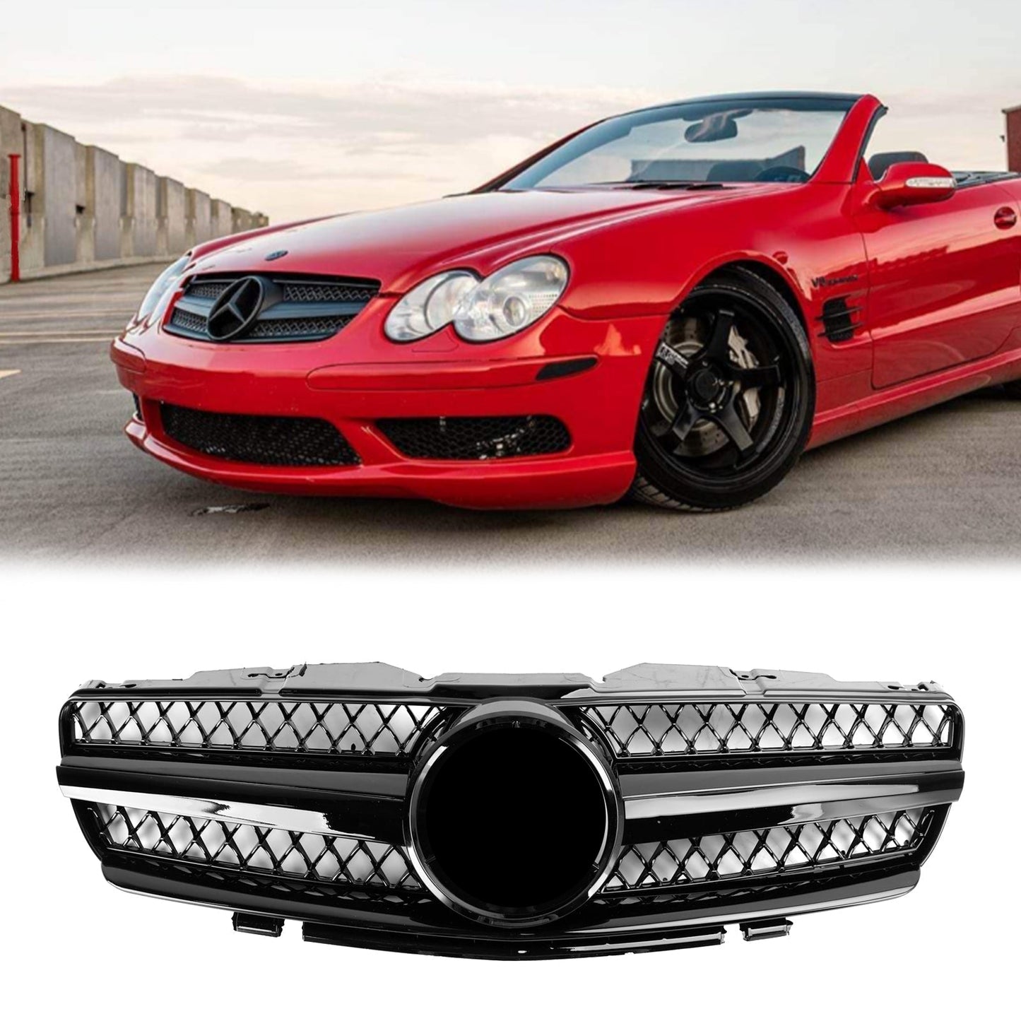 2002-2006 Mercedes Benz R230 SL Class SL350/500/600/SL55/65 1 Fin Star Grill black Chrome Grille