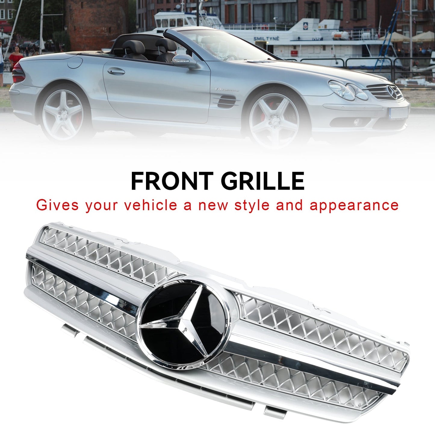 2002-2006 Mercedes Benz SL-Class R230 SL350 SL500 SL600 SL55 SL65 Front Bumper Grill Silver Chrome Grille