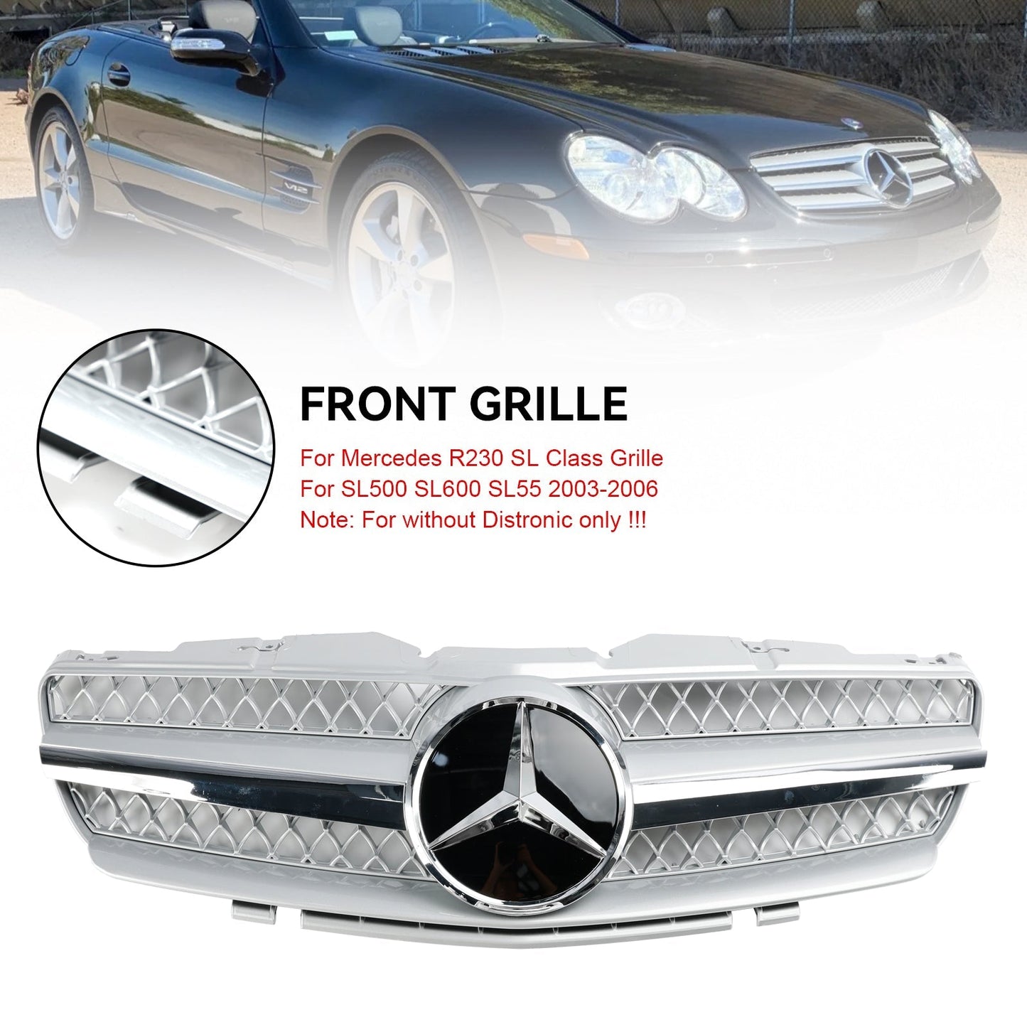 2002-2006 Mercedes Benz SL-Class R230 SL350/500/600/SL55/SL65 Front Bumper Upper Grill Silver Chrome Grille