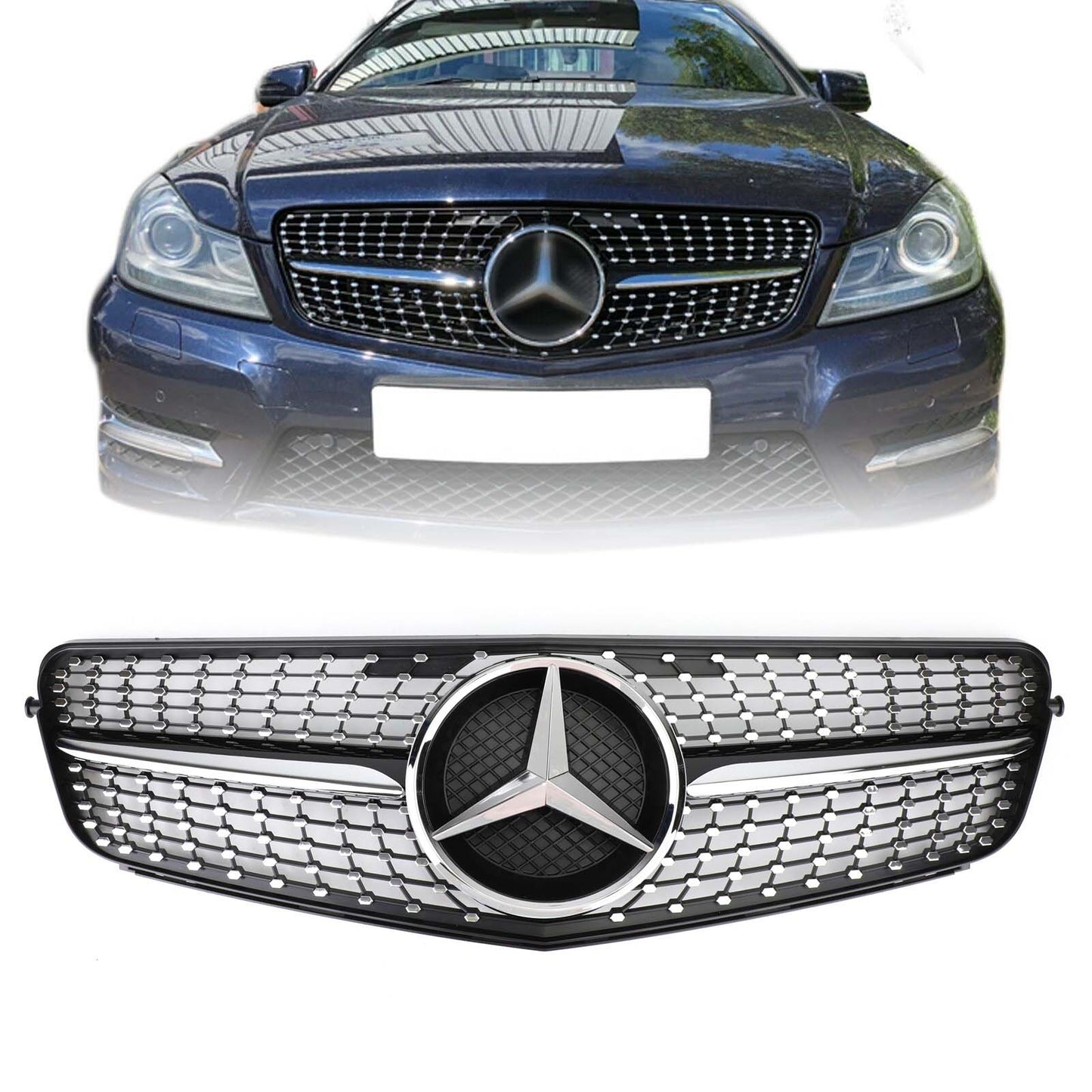 2008-2014 W204 Benz C-Class C200 C230 C250 C300 C350 Diamond Black Chrome Front Grille Grill