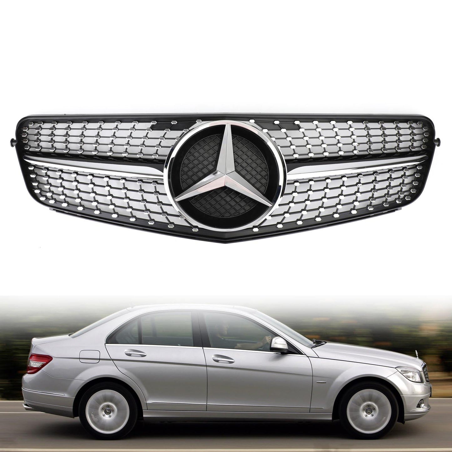 2008-2014 W204 Benz C-Class C200 C230 C250 C300 C350 Diamond Black Chrome Front Grille Grill