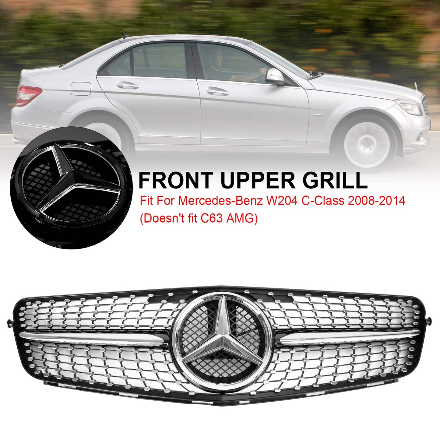 2008-2014 Mercedes Benz C-Class W204 Diamond Front Grill Replacement Chrome Grille With LED Star Emblem