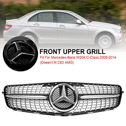 2008-2014 Mercedes Benz C-Class W204 Diamond Front Grill Replacement Chrome Grille With LED Star Emblem