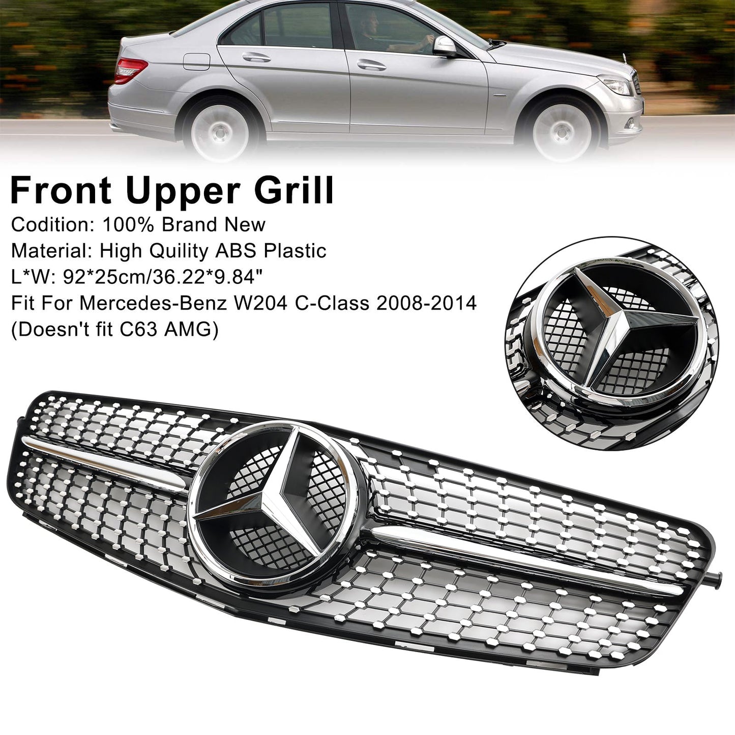 2008-2014 W204 C300 C350 C250 C200 Benz C-Class Diamond Black Chrome Front Grill