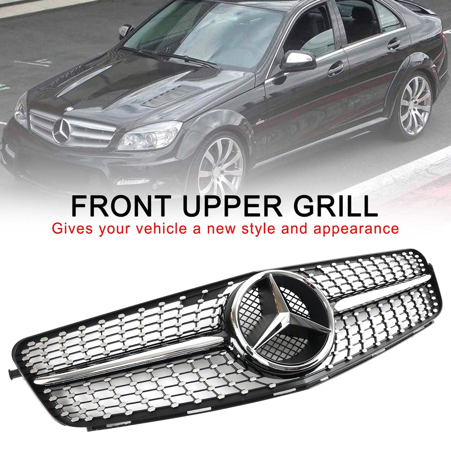 2008-2014 W204 C300 C350 C250 C200 Benz C-Class Diamond Black Chrome Front Grill