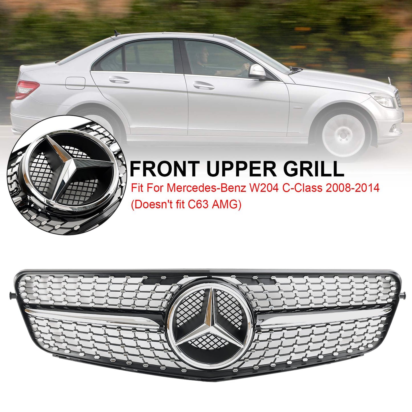 2008-2014 W204 C300 C350 C250 C200 Benz C-Class Diamond Black Chrome Front Grill