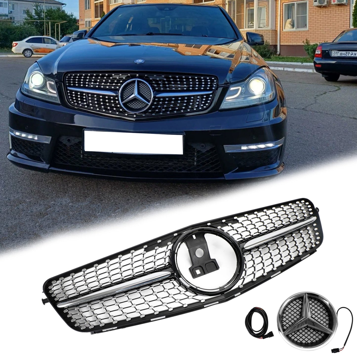 2008-2014 Mercedes Benz C-Class W204 Diamond Front Grill Replacement Chrome Grille With LED Star Emblem