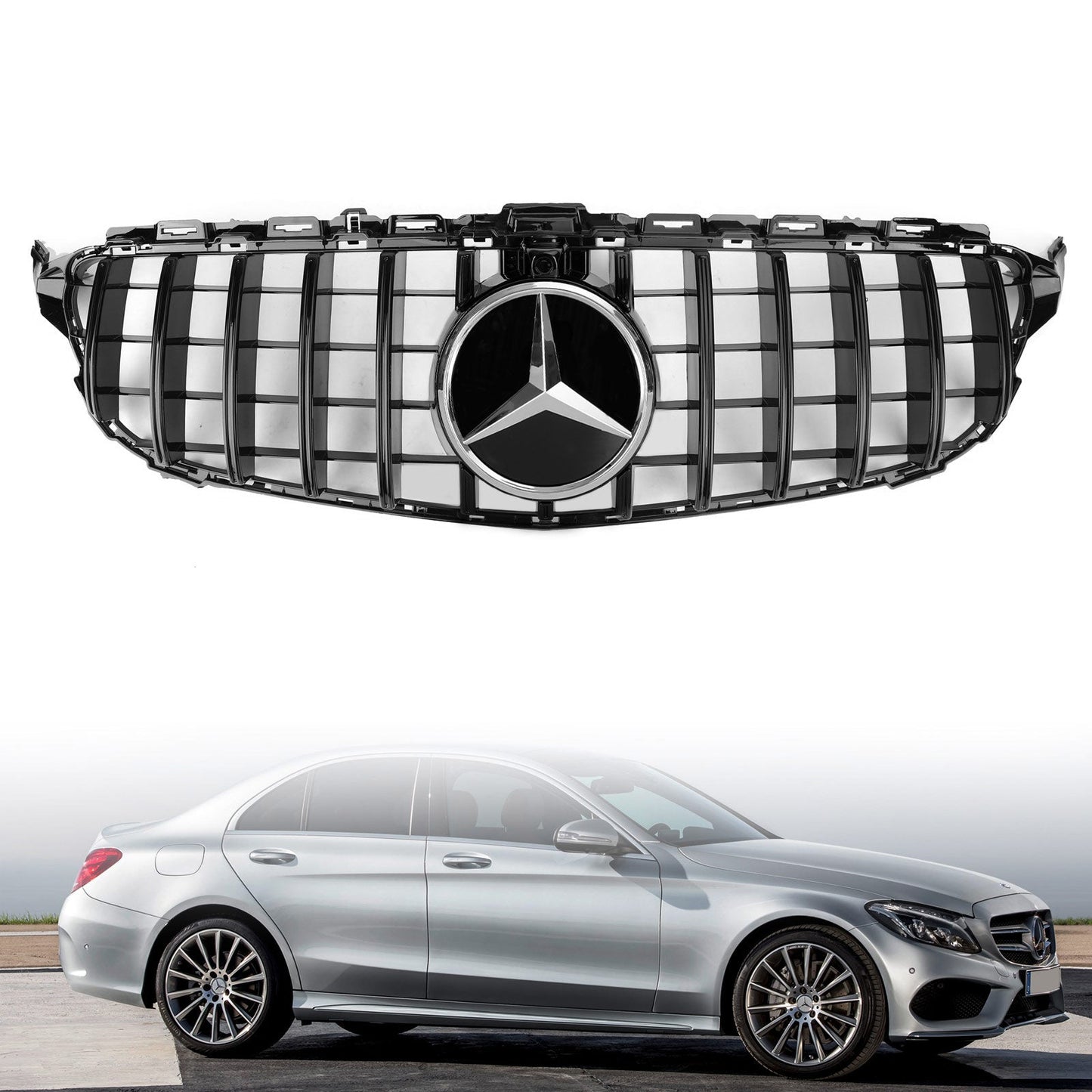 2019 2020 2021 Mercedes Benz C-Class W205 C205 A205 GTR Style Grille Glossy Black Front Bumper Grille W/Camera Hole