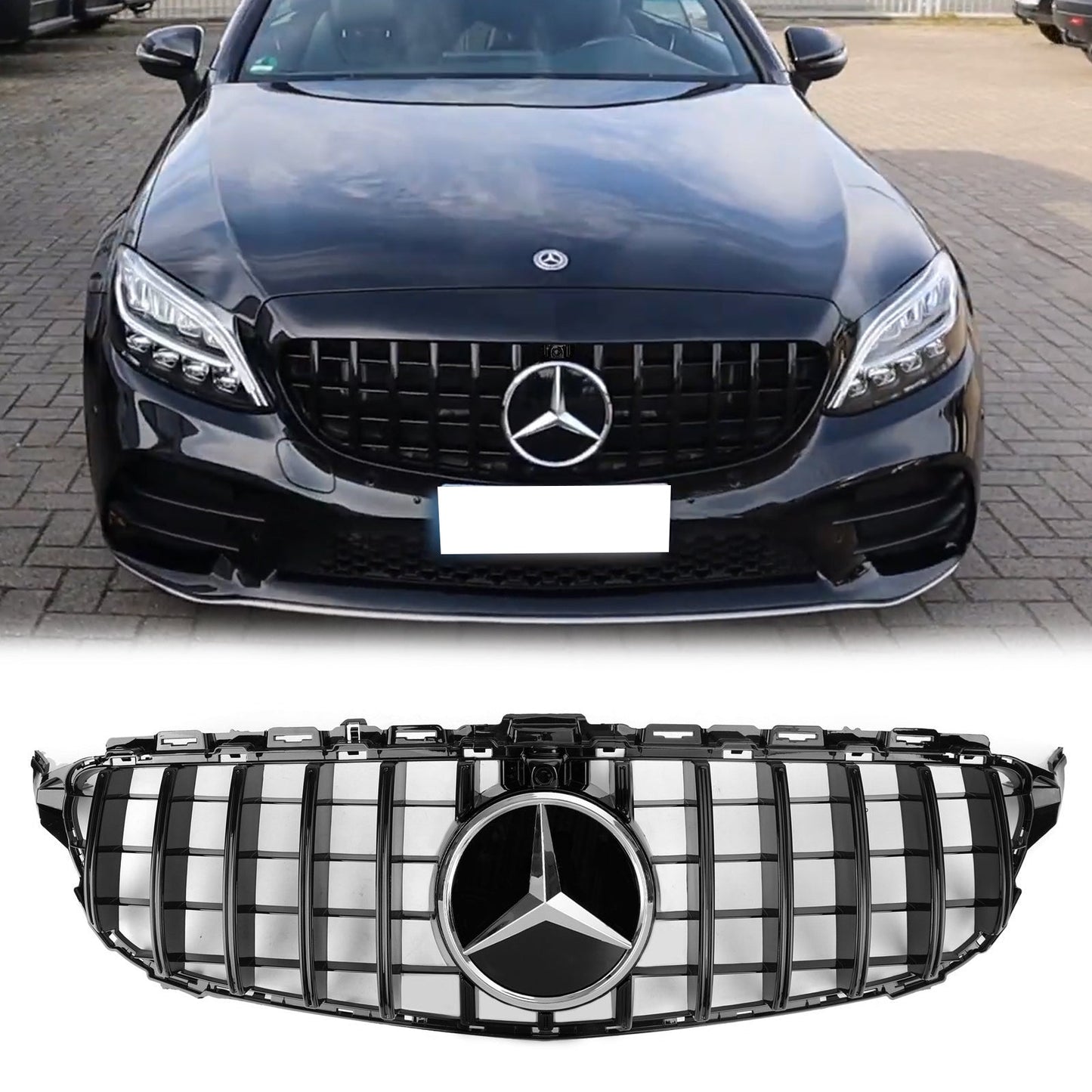 2019-2021 Mercedes Benz C-Class W205 C205 A205 Glossy Black GT Style Grill Front Bumper Replacement Grille