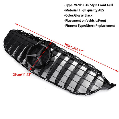 Mercedes Benz | 2015-2018 | C-Class W205 C205 | GTR Grill | Glossy Black | Front Grille With Star Emblem