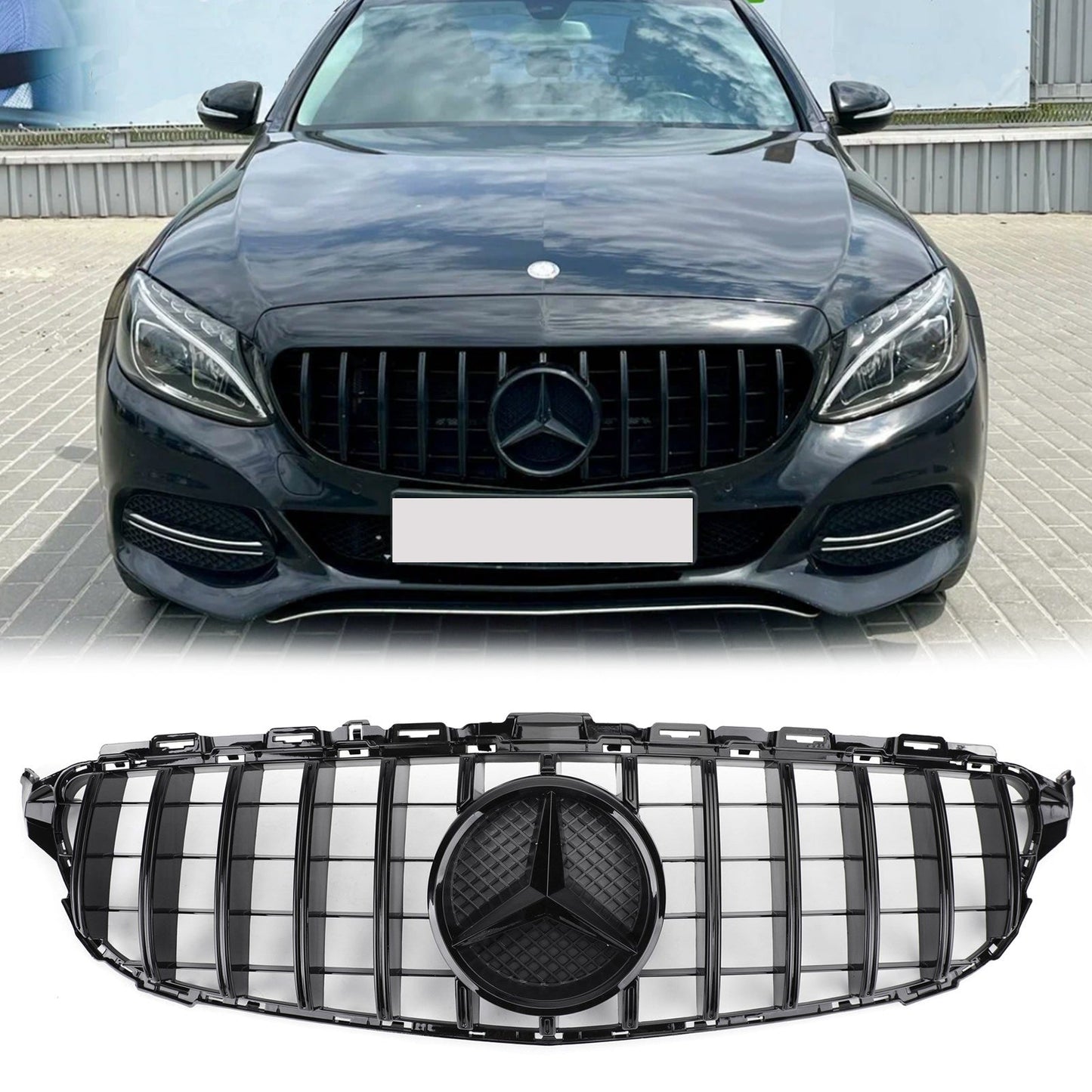 2015-2018 Mercedes Benz C-Class W205 C205 A205 C200/250/300/350/C43 GTR Style Front Bumper Grill Replacement Black Grille