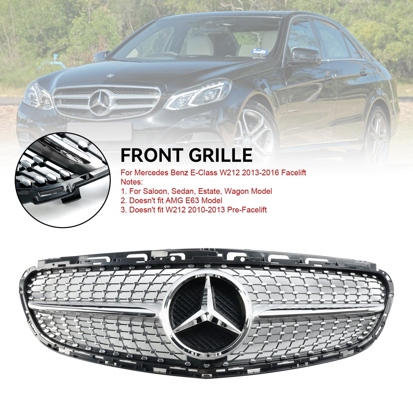 Mercedes E-Class W212 2013 2014 2015 2016 Benz Diamond Style Grill Front Bumper Replacement Chrome Grille W/ Emblem