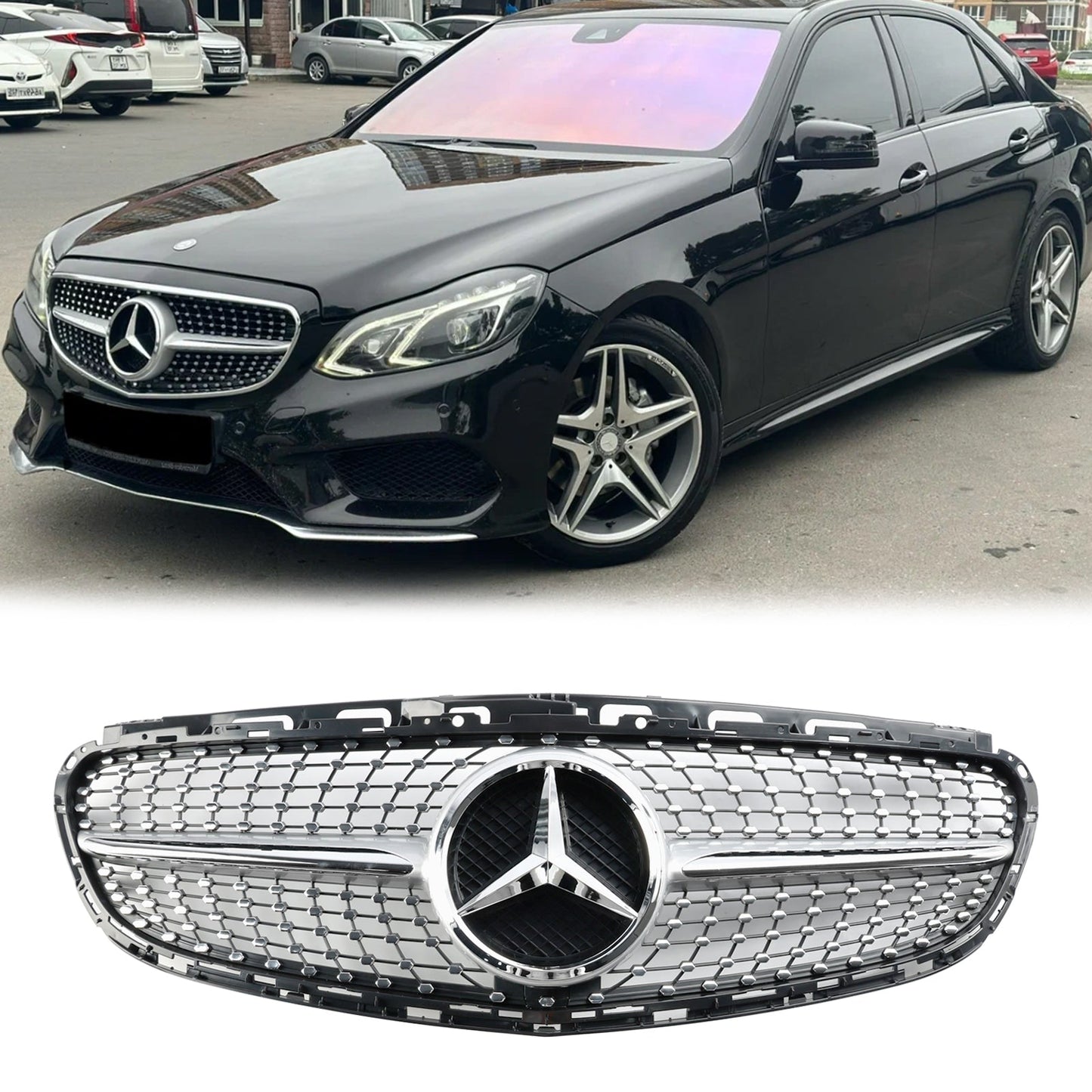 Mercedes E-Class W212 2013 2014 2015 2016 Benz Diamond Style Grill Front Bumper Replacement Chrome Grille W/ Emblem