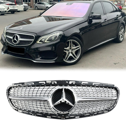Mercedes E-Class W212 2013 2014 2015 2016 Benz Diamond Style Grill Front Bumper Replacement Chrome Grille W/ Emblem