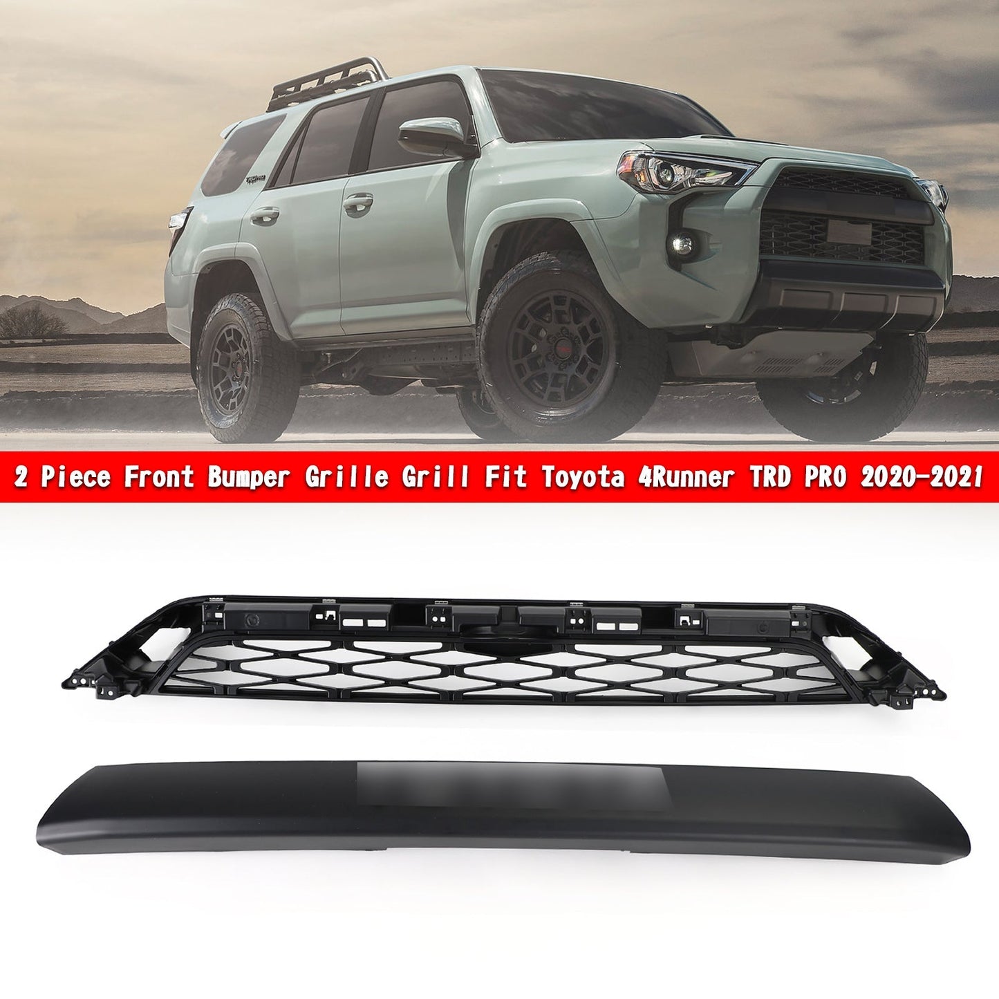 2020-2024 Toyota 4Runner 2 Piece Front Bumper Grille TRD PRO Style Black Grill Kit W/ LED