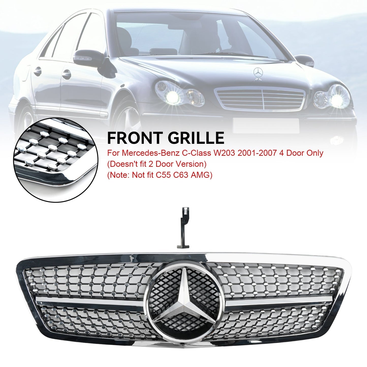 2001-2007 Mercedes-Benz C-Class W203 Front Bumper Grille Chrome Replacement Grill