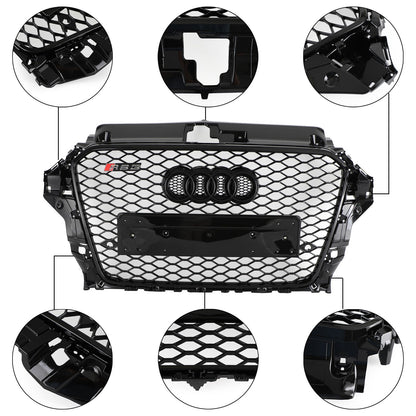 Audi A3 / A3 Sline / S3 2013-2016 Front Grill Air Intake Radiator Glossy Black RS Honeycomb Bumper Grille With Rings Emblem
