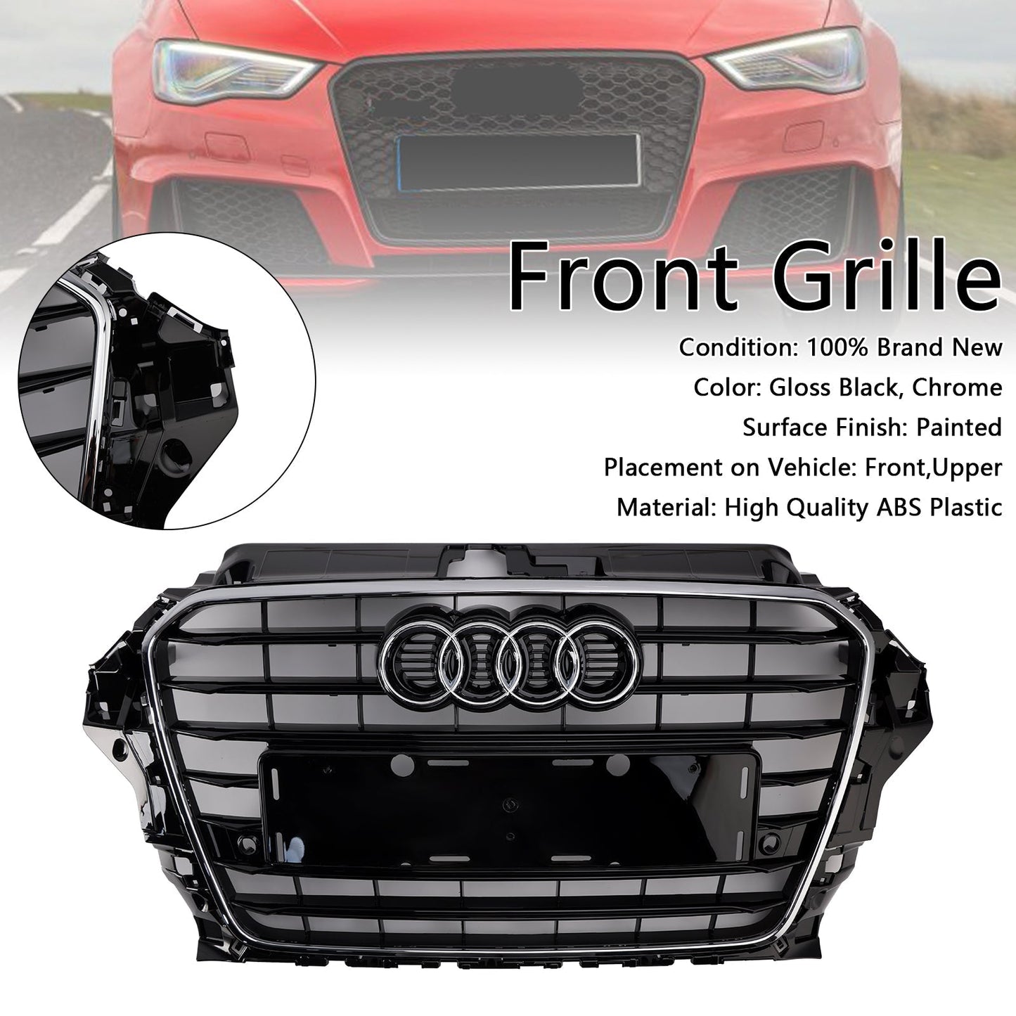 Audi A3/ A3 Sline/ S3 2013-2016 Black Grill Replacement Front Bumper Grille W/ Ring Emblem