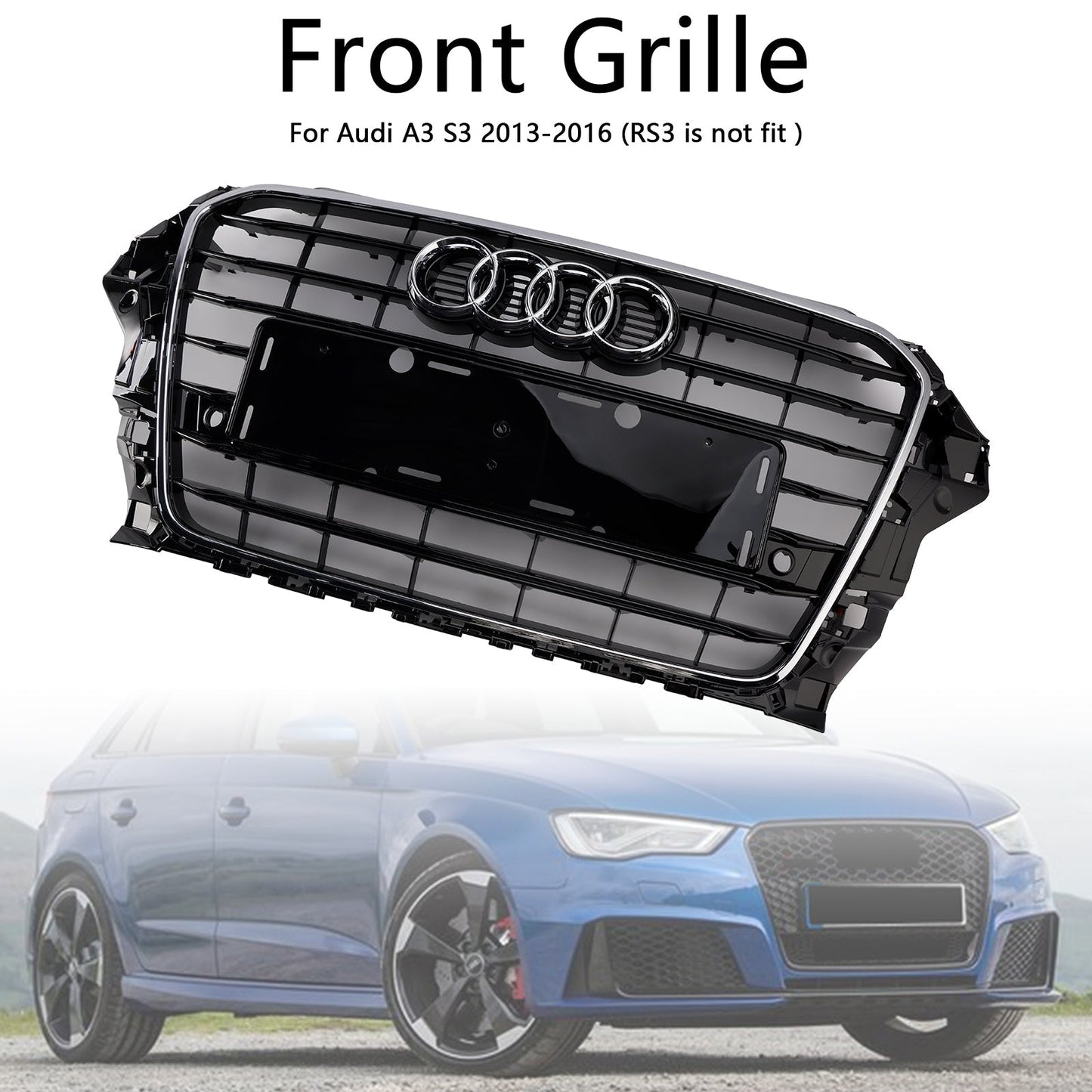 Audi A3/ A3 Sline/ S3 2013-2016 Black Grill Replacement Front Bumper Grille W/ Ring Emblem