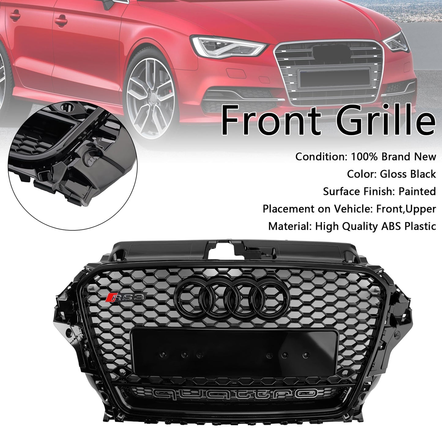 Audi A3/ A3 Sline/ S3 2013-2016 Black Grill Replacement Front Bumper Grille W/ Ring Emblem