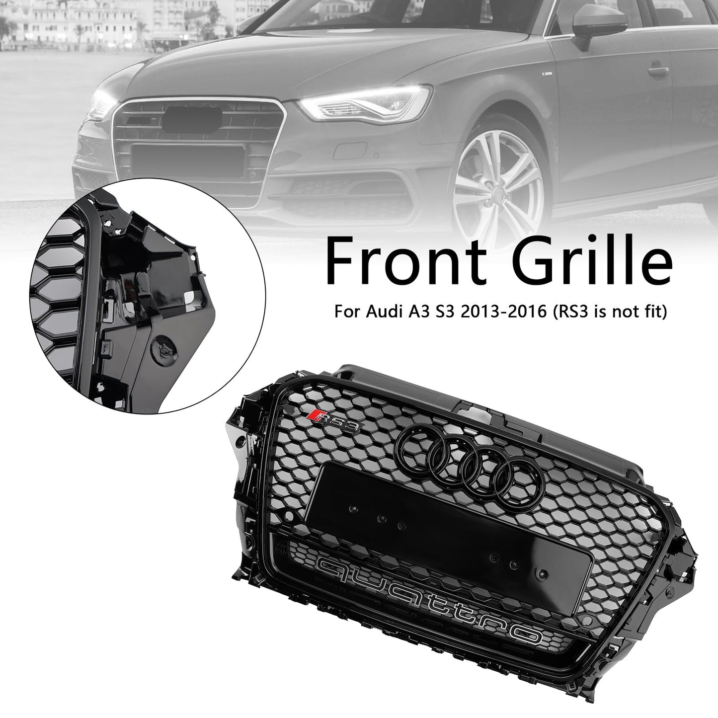 Audi A3/ A3 Sline/ S3 2013-2016 Black Grill Replacement Front Bumper Grille W/ Ring Emblem