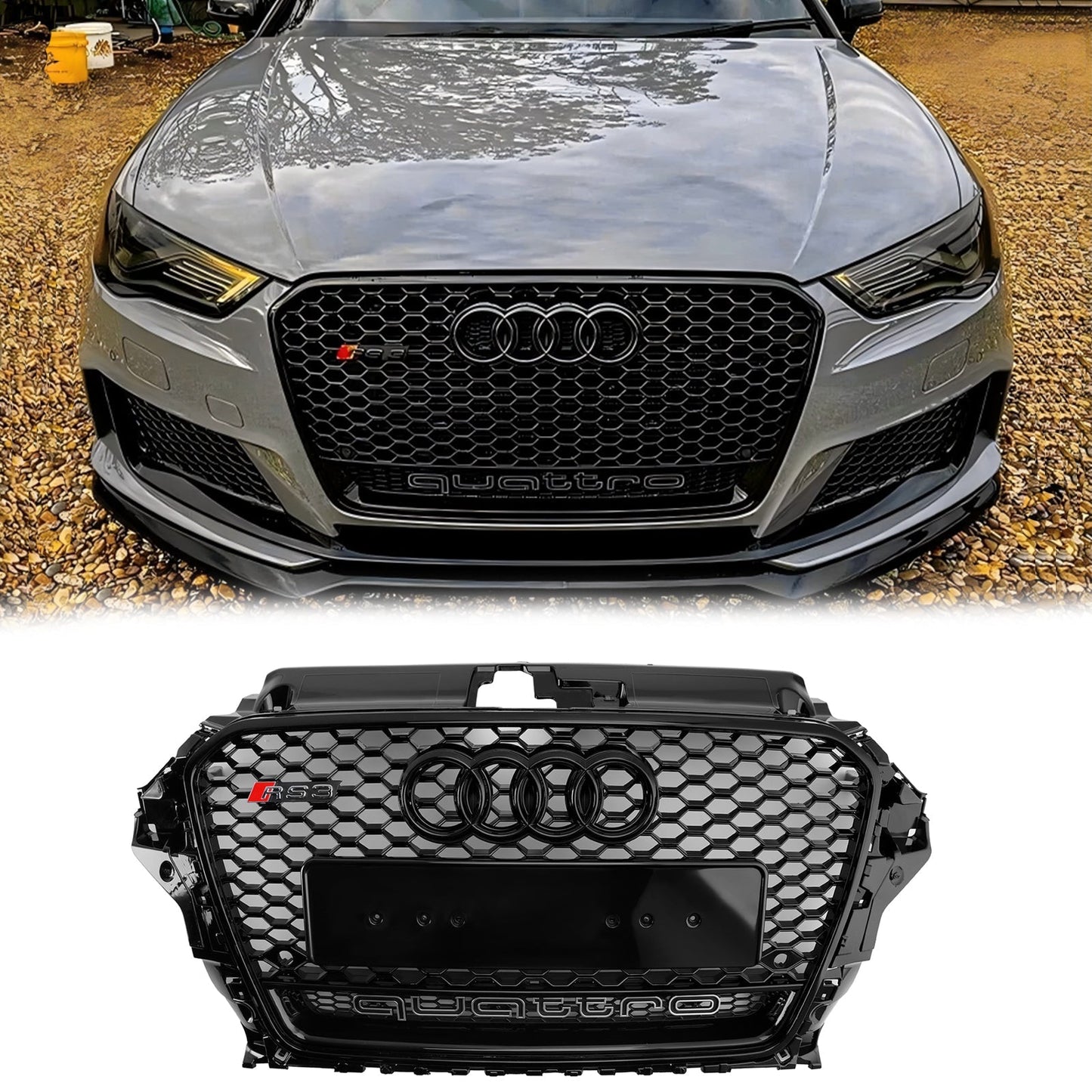 Audi A3/ A3 Sline/ S3 2013-2016 Black Grill Replacement Front Bumper Grille W/ Ring Emblem