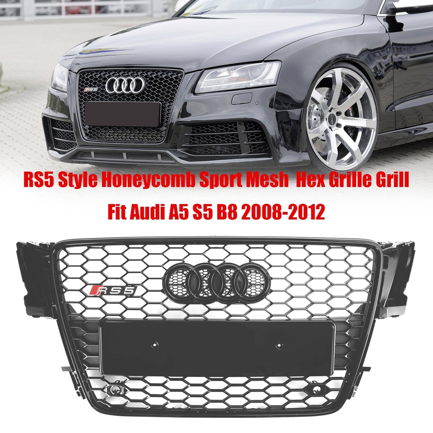 2008-2012 Audi A5 / S5 B8 RS5 Style Hood Honeycomb Sport mesh Grill Replacement Black Grille