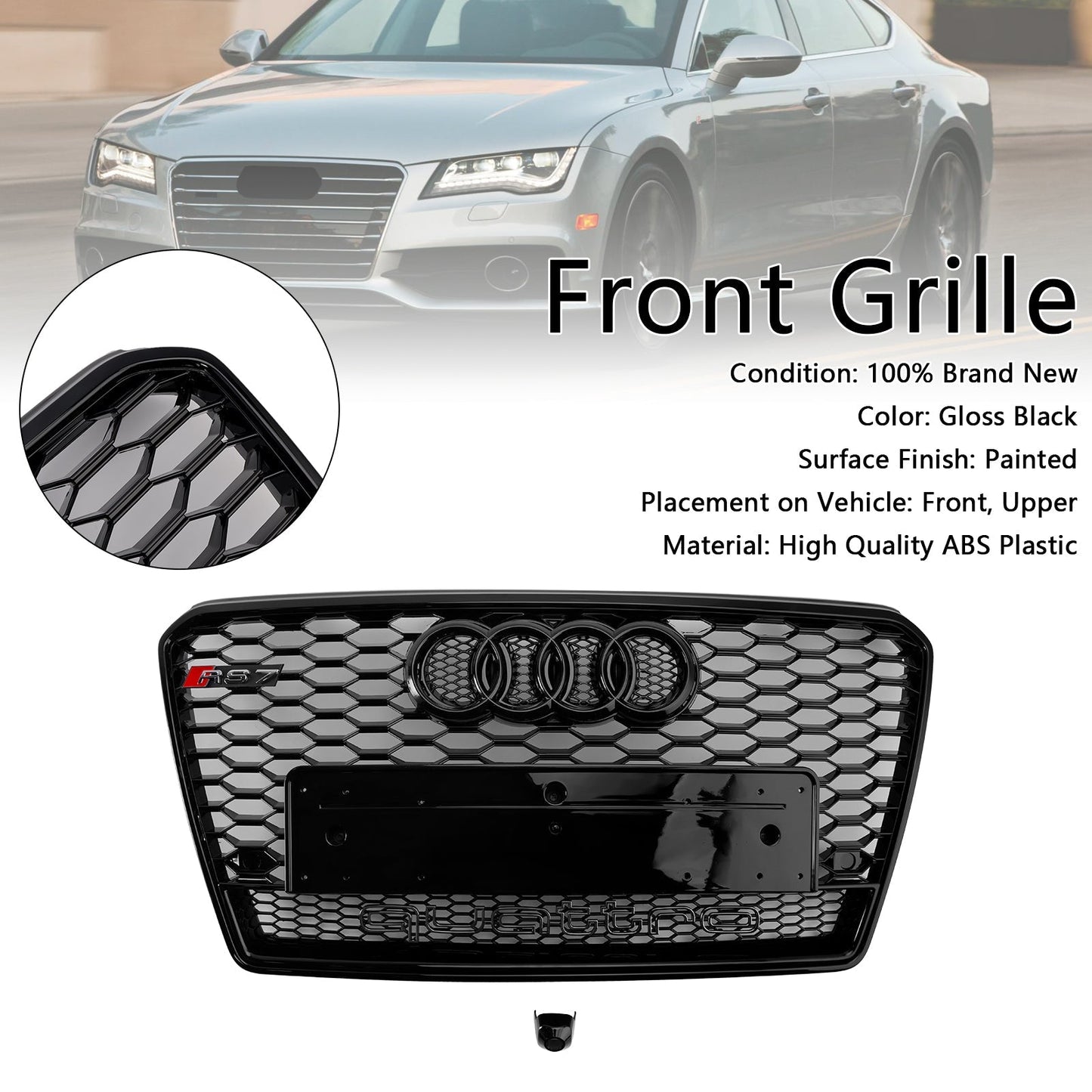 Audi A7/ A7 Sline/ S7 2010-2015 RS7 Quattro Front Grille Air Intake Radiator Bumper Honeycomb Grill + Ring Emblem