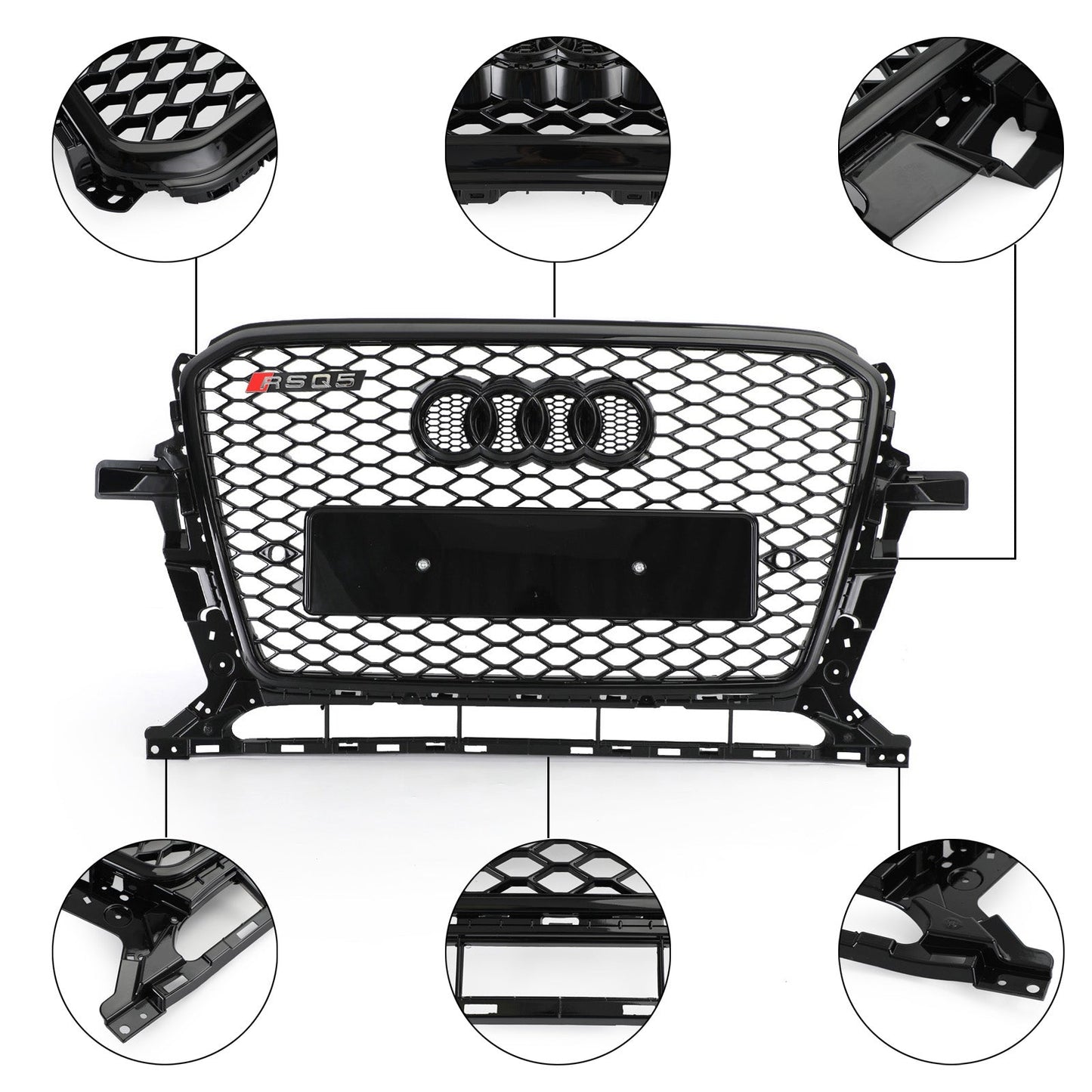 RSQ5 Honeycomb Style Grille For 2013-2017 Audi Q5 / SQ5 Front Bumper Replacement Black Grill W/ Ring Emblem
