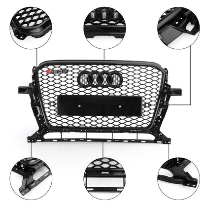RSQ5 Honeycomb Style Grille For 2013-2017 Audi Q5 / SQ5 Front Bumper Replacement Black Grill W/ Ring Emblem