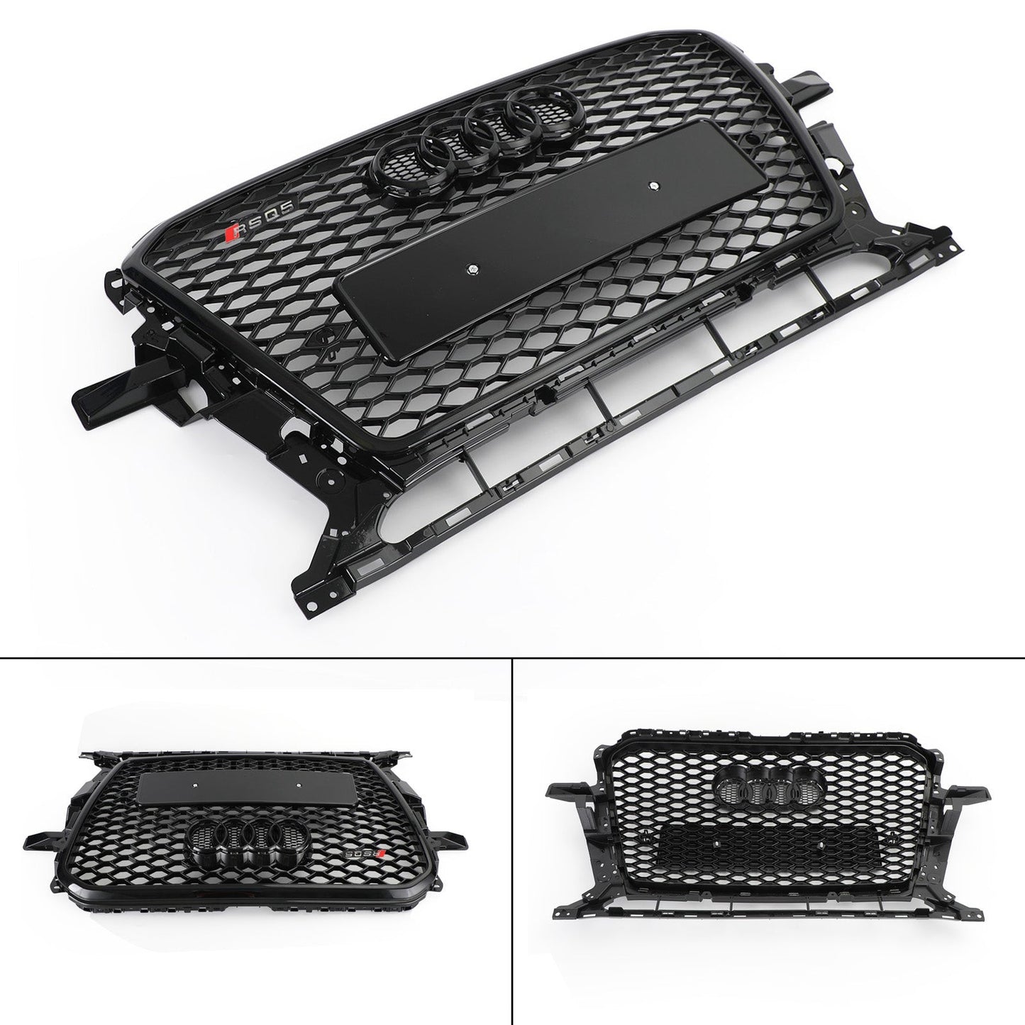 RSQ5 Honeycomb Style Grille For 2013-2017 Audi Q5 / SQ5 Front Bumper Replacement Black Grill W/ Ring Emblem
