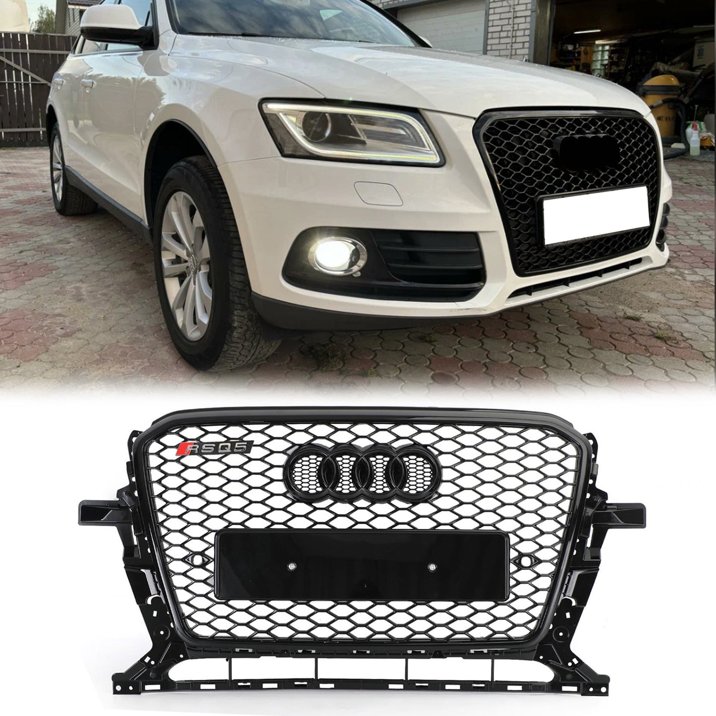 RSQ5 Honeycomb Style Grille For 2013-2017 Audi Q5 / SQ5 Front Bumper Replacement Black Grill W/ Ring Emblem