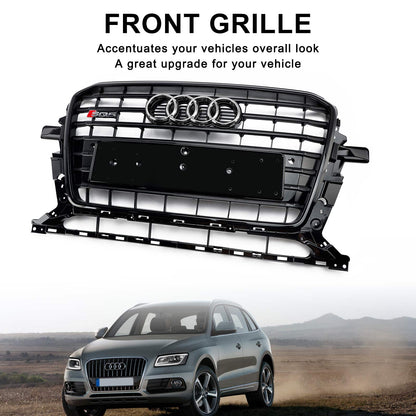 SQ5 Style Front Grille For 2013-2017 Audi Q5 / SQ5 Black Bumper Horizontal Slat Grill W/ Ring Emblem