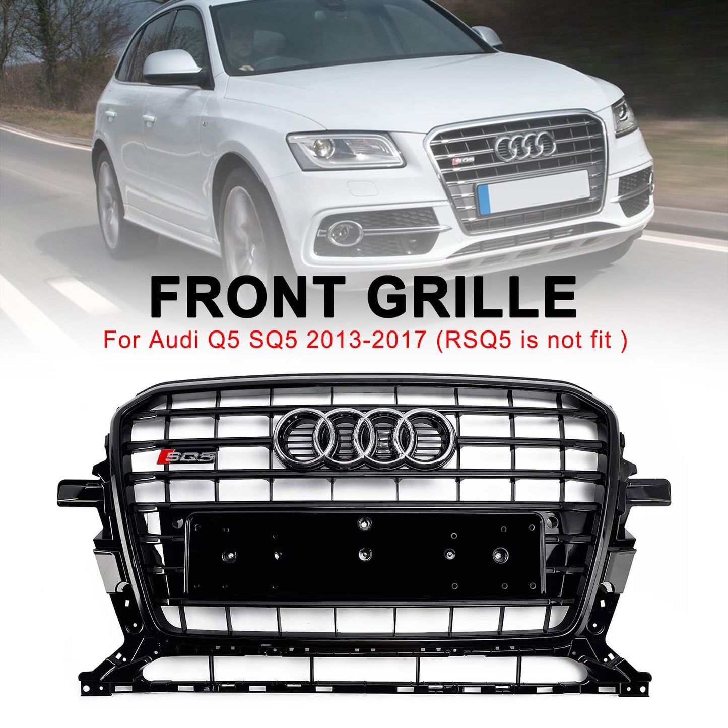 SQ5 Style Front Grille For 2013-2017 Audi Q5 / SQ5 Black Bumper Horizontal Slat Grill W/ Ring Emblem